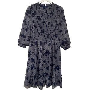 Alexis‎ Roe Fame Smocked Midi Dress Plaid Navy Floral Ruffle Hem Womens NWT